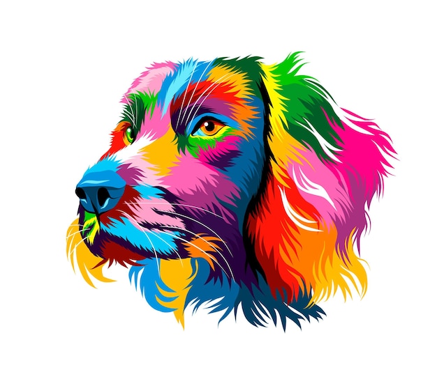 Abstract spaniel dog head portrait from multicolored paints Puppy muzzle portrait dog muzzle