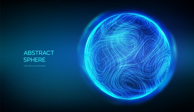 Abstract sphere on blue background 3d blue energy ball Ultra thin line fluid geometry Dynamic distorted sphere Wave motion particle trails Futuristic sound or data waveform Vector illustration