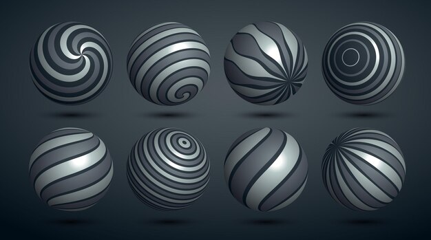 Abstract spheres vector set, collection of balls decorated with patterns, 3D mixed variety realistic globes with ornaments collection.