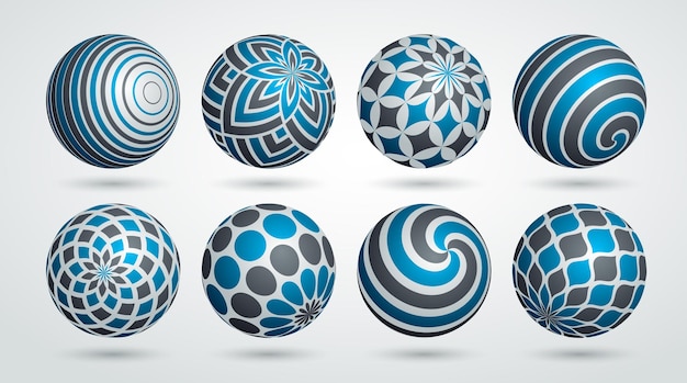 Vector abstract spheres vector set, collection of balls decorated with patterns, 3d mixed variety realistic globes with ornaments collection.