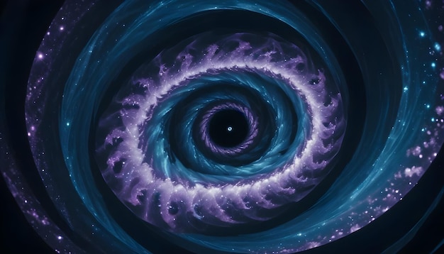 Vector an abstract spiral with blue and purple clouds and stars in the center of a black background