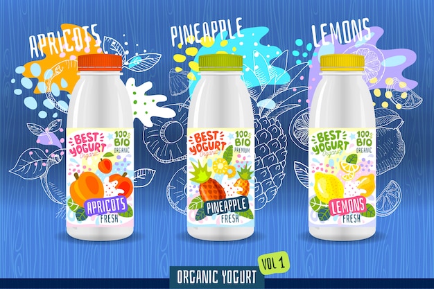 Abstract splash Yogurt bottle label template, advertising poster. Fruits, organic, yogurt, milk package design. Apricots, pineapple, lemon. Drawing   illustration