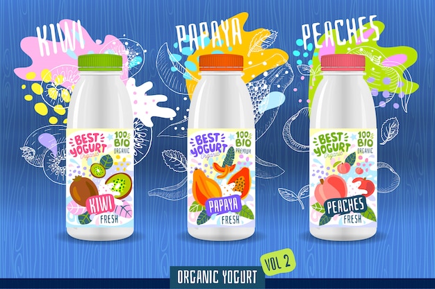 Abstract splash Yogurt bottle label template, advertising poster. Fruits, organic, yogurt, milk package design. Kiwi, papaya, peach. Drawing   illustration