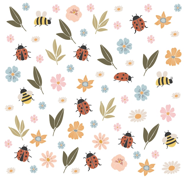 Abstract spring flowers bees and ladybug boho spring elements