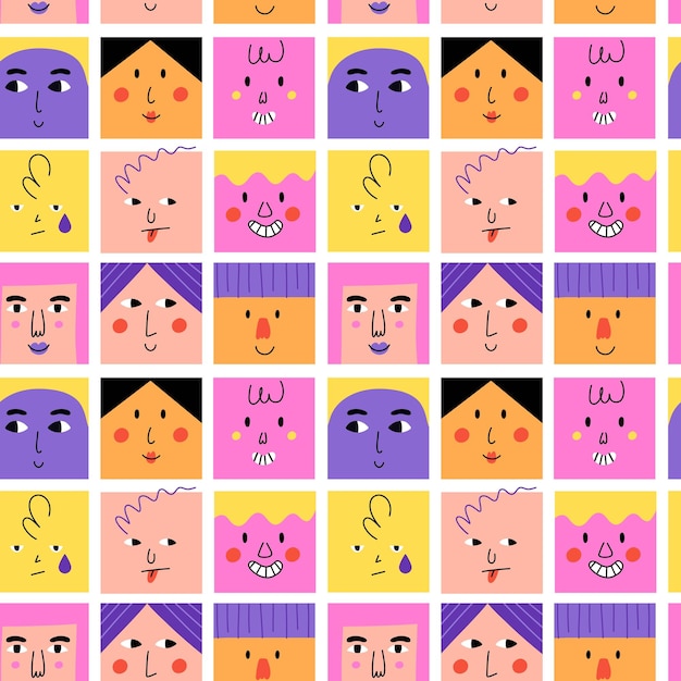 Abstract square faces seamless pattern Funny cartoon characters doodle trendy avatars smile people contemporary geometric print Decor textile wrapping paper wallpaper Vector background