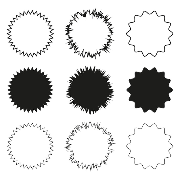 Vector abstract starburst icons vector circular shapes black and white design various spiked patterns