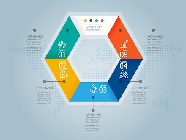 Abstract steps infographic presentation report element background with business icon 5 options vector illustration