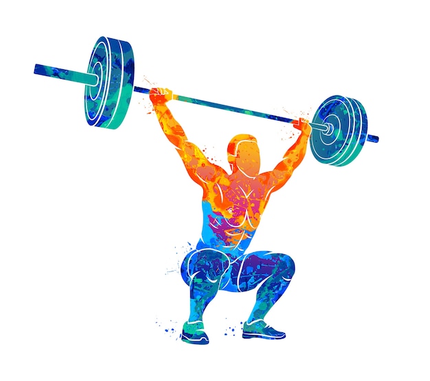 Abstract strong man lifting weights powerlifting weightlifting from splash of watercolors. illustration of paints.