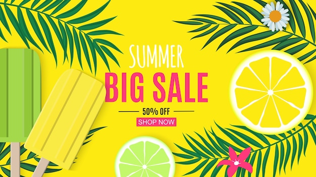 Abstract Summer Sale Background with Palm Leaves and Ice Cream