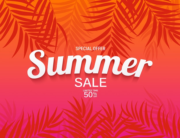 Abstract Summer Sale Background with Palm Leaves   Illustration