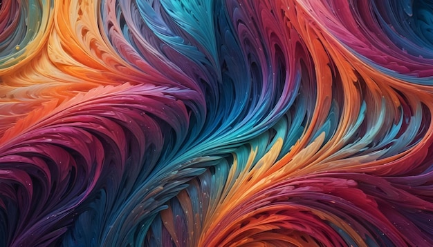 An abstract swirling pattern of colorful tendrils and feathers on a dark background The colors blend and flow together creating a dynamic and energetic composition