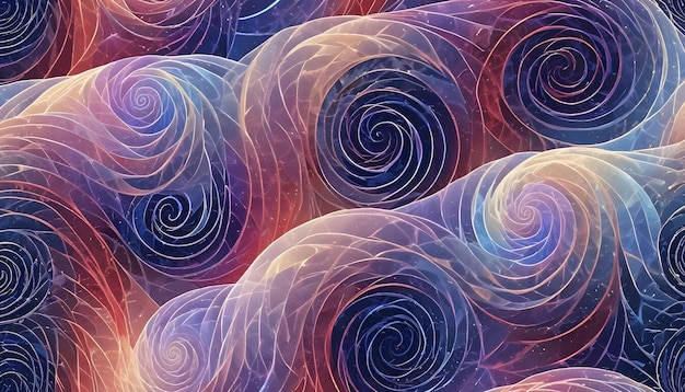 An abstract swirling pattern with multiple colorful spirals on a dark background The spirals are overlapping and creating a sense of depth and movement