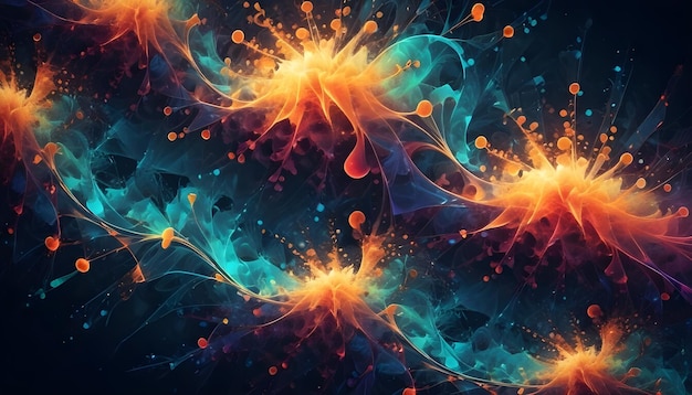 Abstract swirling shapes in blue and orange hues against a dark background evoking a sense of cosmic