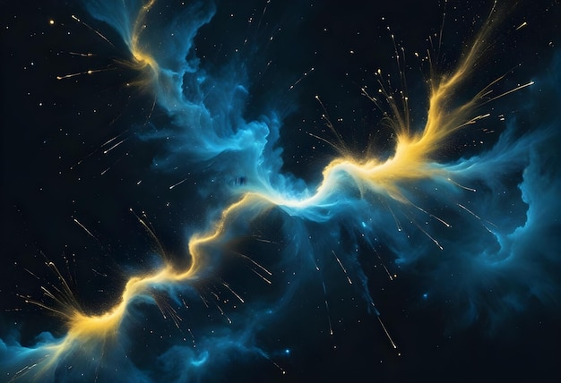 Abstract swirls of blue and gold resembling nebulae or cosmic clouds against a black background with sparkling particles