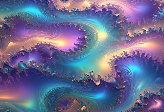 Abstract swirls of blue purple and gold blend and flow together creating a dreamy iridescent otherworldly effect