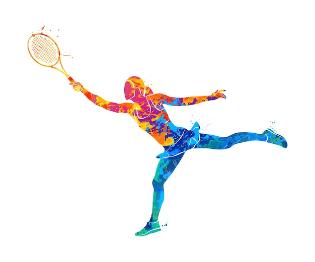 Abstract tennis player with a racket from splash of watercolors. 