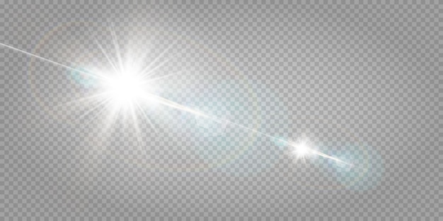 Abstract transparent sunlight special lens flare light effect.  blur in motion glow glare. Isolated transparent background. Decor element. Horizontal star burst rays and spotlight.