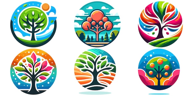 Vector abstract tree icons vector illustration colorful circular designs nature theme logo design