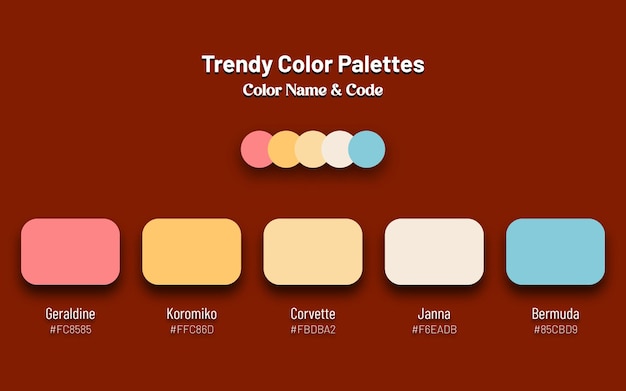 Abstract trendy color palettes set color name with code background for ui ux design