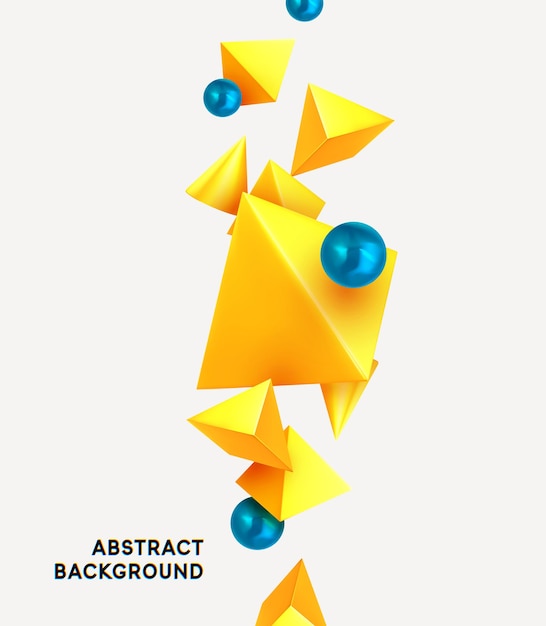 Abstract Triangle background. Modern minimal design with yellow pyramid realistic 3d render objects. Art trend poster. Pearl blue color soft orb ball. Vector illustration