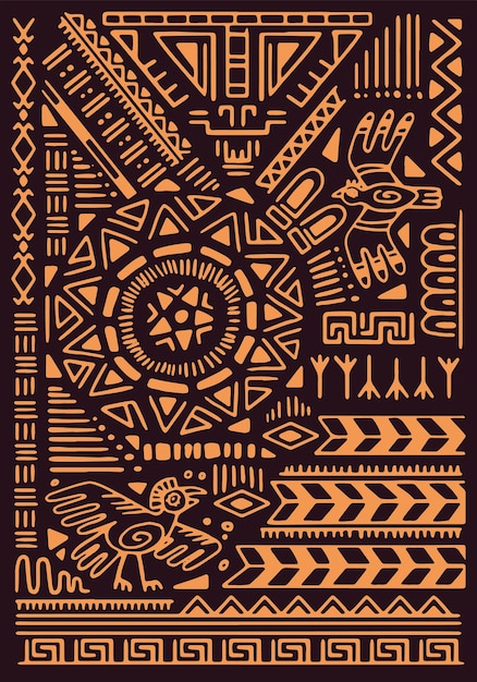 Abstract tribal background golden ornament Cultural symbols traditional elements geometric forms of Aztec pattern Ethnic poster wall art in ancient African style Flat vector illustration