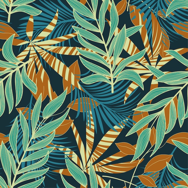 Abstract tropical seamless pattern with colorful leaves and bright plants