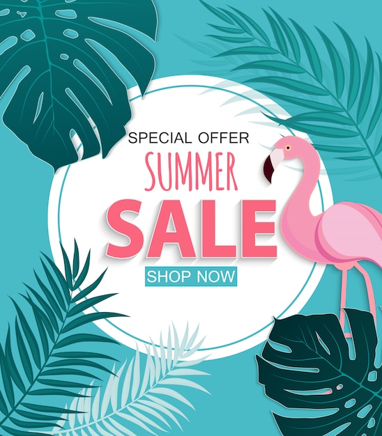 Abstract Tropical Summer Sale Background with Flamingo and Leaves.  Illustration