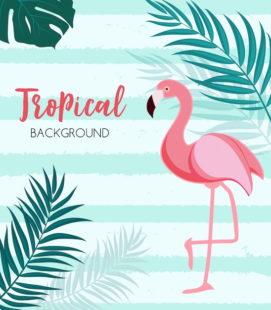 Abstract Tropical  with Flamingo and Palm Leaves   