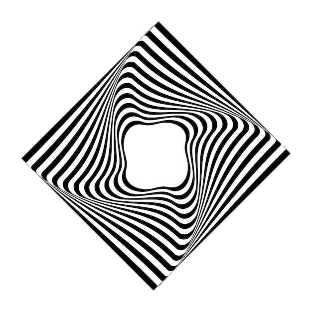 Abstract twisted black and white figure Optical illusion of distorted surface Twisted stripes Stylized 3d frame Vector illustration Great for wall art poster banner web