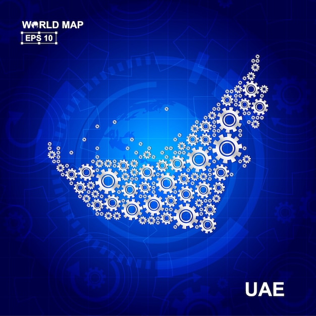 Abstract United Arab Emirates UAE map design with Transmission cog wheels and gears icon concept