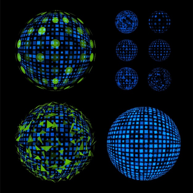 Abstract unusual net with light effects design illustrations set Disco vector luminous Ball