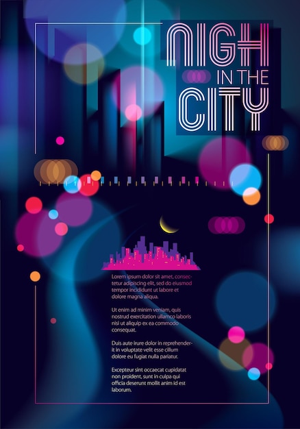 Vector abstract urban night light bokeh , defocused background. effect vector beautiful background. blur colorful dark background with cityscape, buildings silhouettes skyline. brochure, flyer, cover, poster