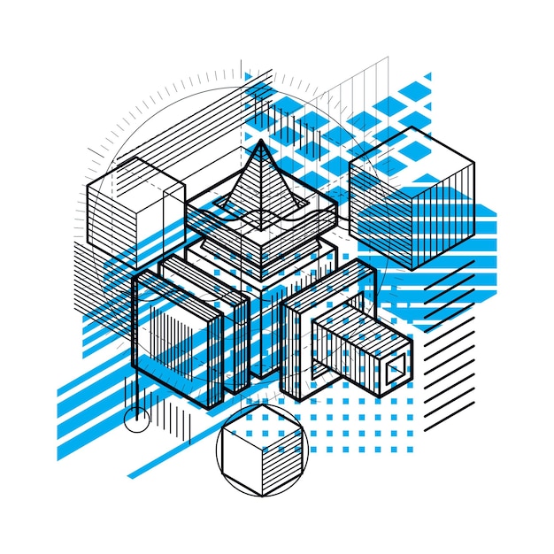 Vector abstract vector background with isometric lines and shapes. cubes, hexagons, squares, rectangles and different abstract elements.