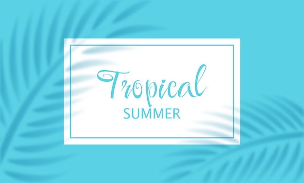 Abstract vector banner with tropical leaves shadow on blue background and copy space for text