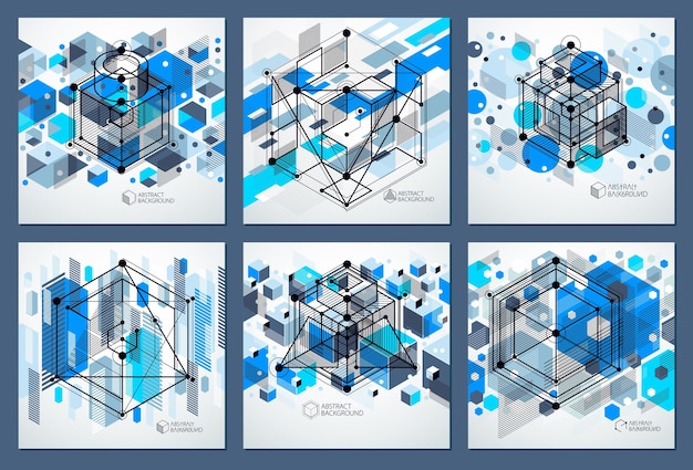 Abstract vector geometric 3D elements in futuristic style blue template compositions set. Technical plan can be used in web design and as wallpaper or background.