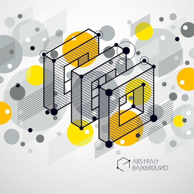 Abstract vector geometric 3D elements in futuristic style yellow template composition. Technical plan can be used in web design and as wallpaper or background.