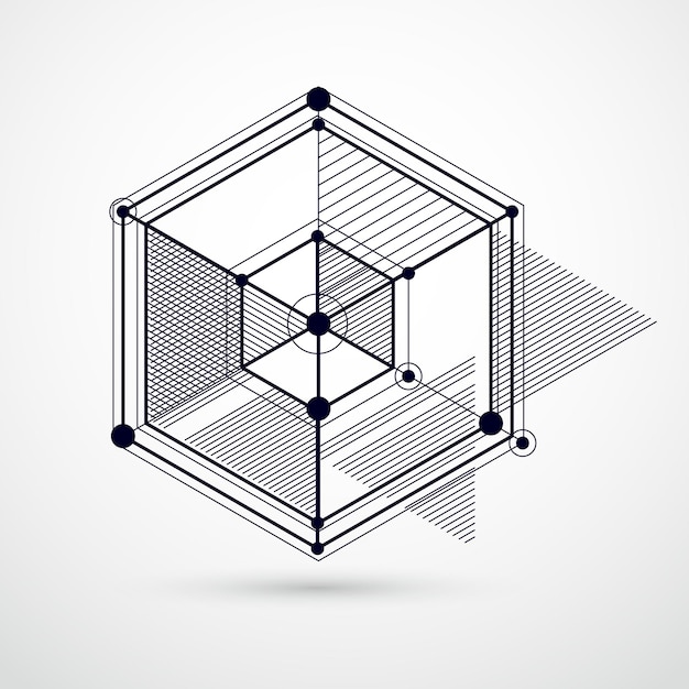 Abstract vector geometric isometric black and white background. Mechanical scheme, vector engineering drawing with cube and geometric mechanism parts.