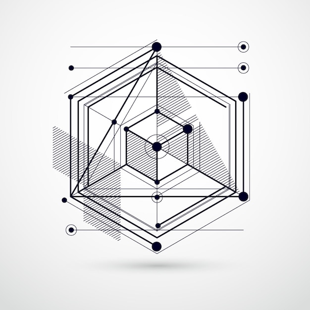 Abstract vector geometric isometric black and white background. Mechanical scheme, vector engineering drawing with cube and geometric mechanism parts.