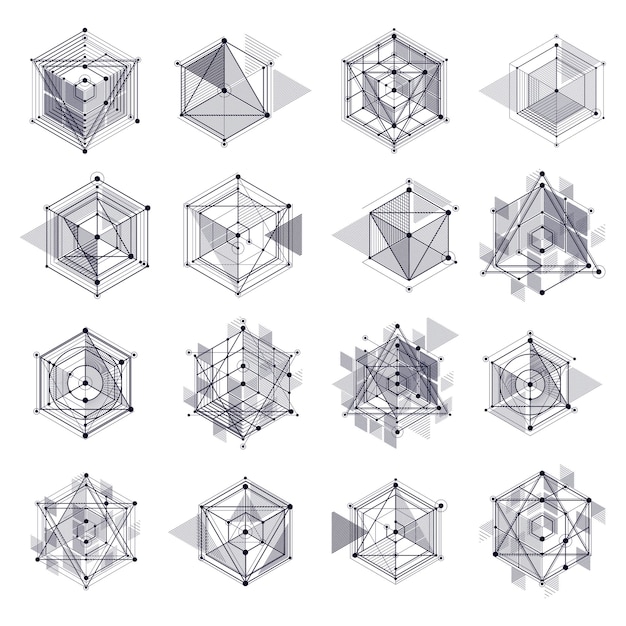 Abstract vector geometric isometric black and white backgrounds set. Mechanical scheme, vector engineering drawing with cube and geometric mechanism parts.