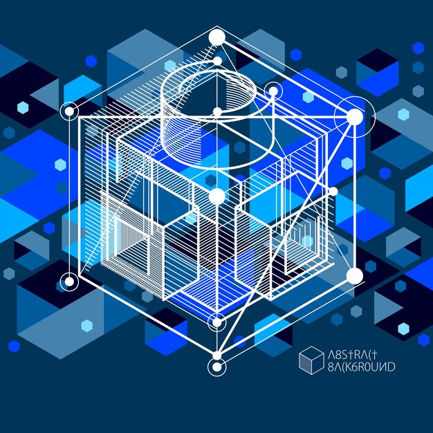 Abstract vector geometric isometric dark blue background. Mechanical scheme, vector engineering drawing with cube and geometric mechanism parts.