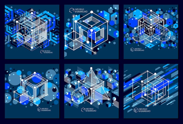 Abstract vector geometric isometric dark blue backgrounds set. Mechanical scheme, vector engineering drawing with cube and geometric mechanism parts.