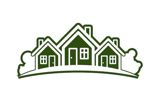 Abstract vector illustration of country houses with horizon line. Simple buildings on nature background, graphic emblem for advertising and real estate.