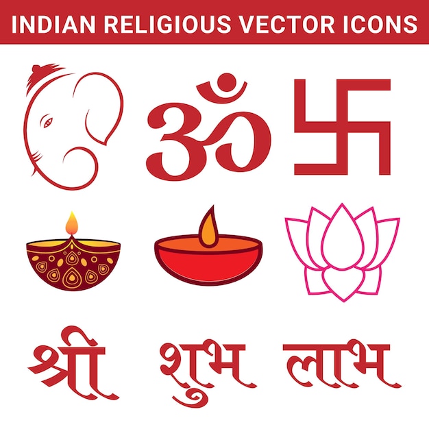 Abstract vector Indian religious icons Set of  9, Ganpati, Diya, swastik, lotus and shree shubh labh