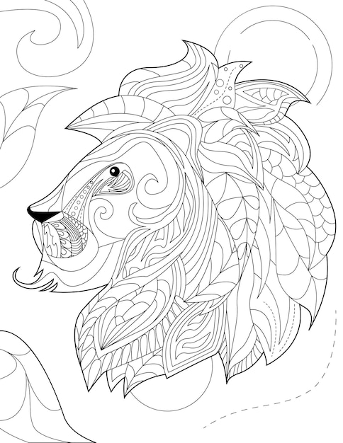 Abstract vector line drawing stylized lion foliage decorated pattern mane digital lineart image