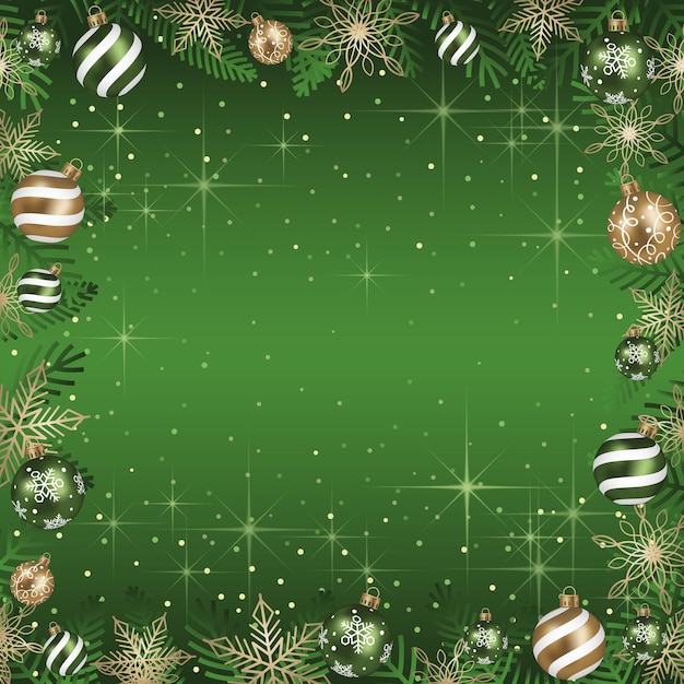 Abstract Vector Square Frame Illustration With Christmas Balls And Luminous Green Background.