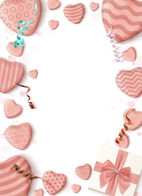 Abstract vertical poster design template with realistic candy hearts blue bow, ribbons and a gift box on white background.