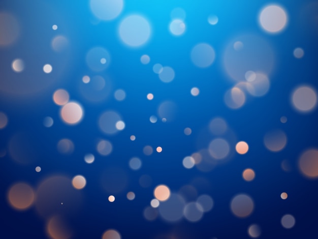 Abstract warm bokeh effect on blue background. Gold glitter lights. 