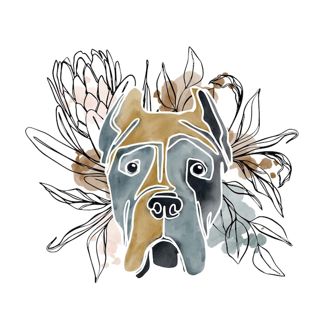 Abstract watercolor dog portrait with line art floral elements