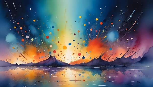 An abstract watercolor painting depicting a vibrant sunset over mountains reflected in water with colorful splashes and splatters adding a sense of joy and celebration