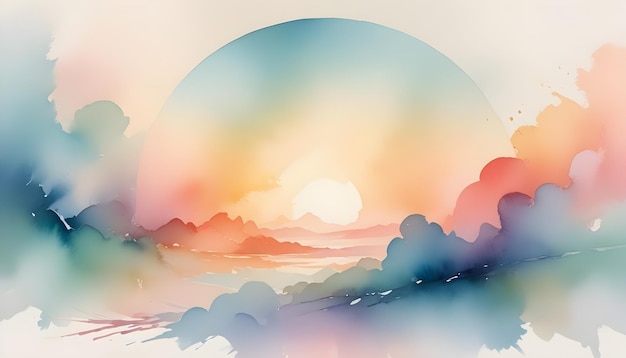 Abstract watercolor painting of a sunset behind mountains and a lake with a circular frame adding a unique element